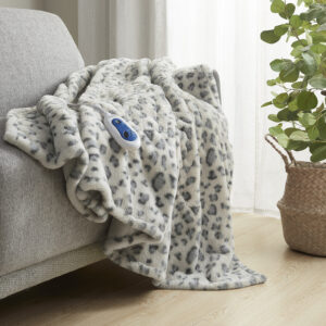 Zuri Oversized Faux Fur Heated Throw in Grey Leopard From Beautyrest