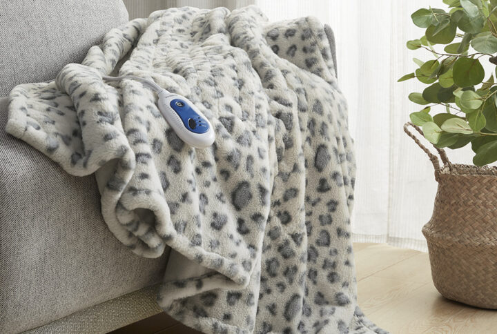 Zuri Oversized Faux Fur Heated Throw in Grey Leopard From Beautyrest