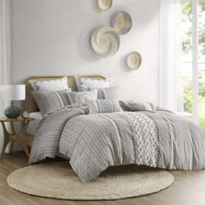 Imani Cotton Printed Duvet Cover Set with Chenille in Gray From INK+IVY