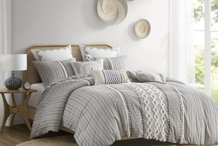 Imani Cotton Printed Duvet Cover Set with Chenille in Gray From INK+IVY