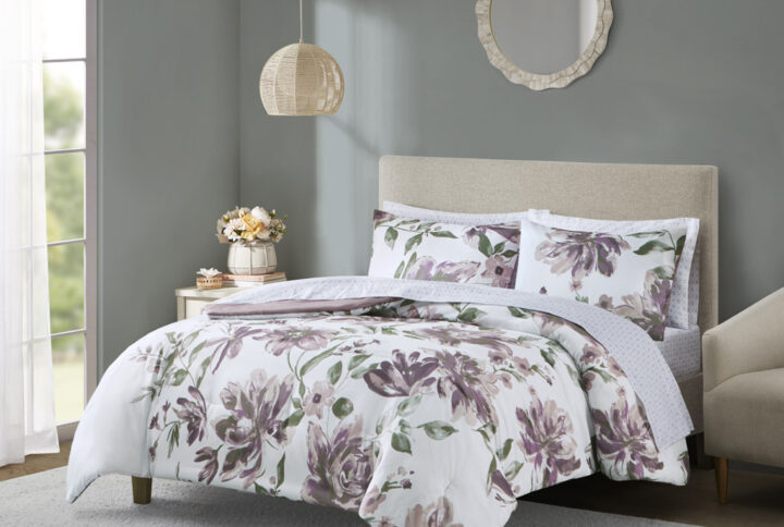 Alice Floral Comforter Set with Bed Sheets in Mauve From Madison Park Essentials