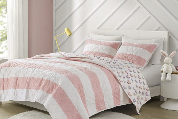 Sammie Cotton Cabana Stripe Reversible Quilt Set with Rainbow Reverse in Pink From Urban Habitat Kids