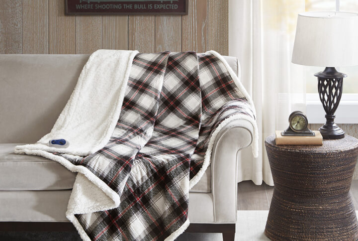 Ridley Oversized Plaid Print Faux Mink to Berber Heated Throw in Black From Woolrich