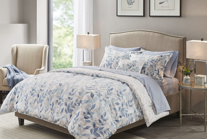 Sofia Reversible 8 Piece Comforter Set with Bed Sheets in Blue From Madison Park Essentials