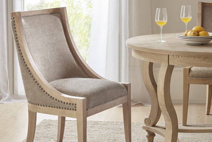 Elmcrest Upholstered Dining Chair with Nailhead Trim in Linen From Martha Stewart