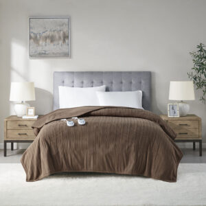 Ribbed Micro Fleece Heated Blanket in Brown From Serta