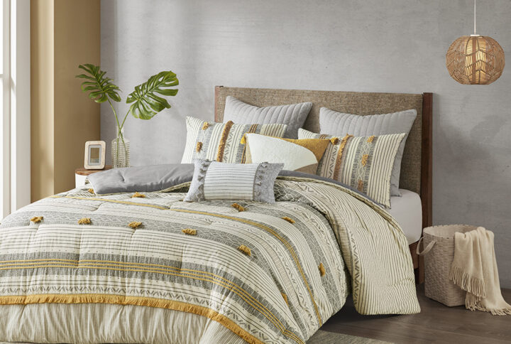 Cody 3 Piece Cotton Comforter Set in Gray/Yellow From INK+IVY