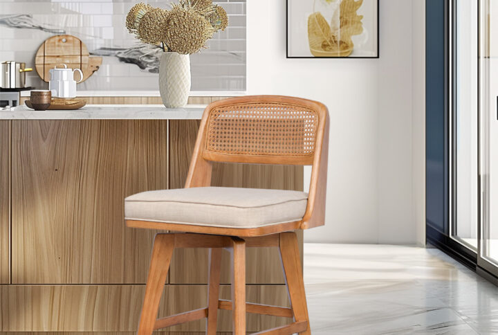 Micah Woven Rattan Back Swivel Counter Stool in Natural From INK+IVY