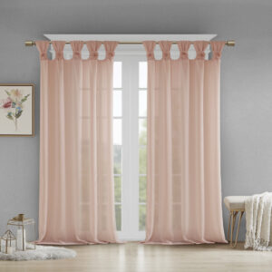 Rosette Floral Embellished Cuff Tab Top Solid Curtain Panel in Blush From Madison Park