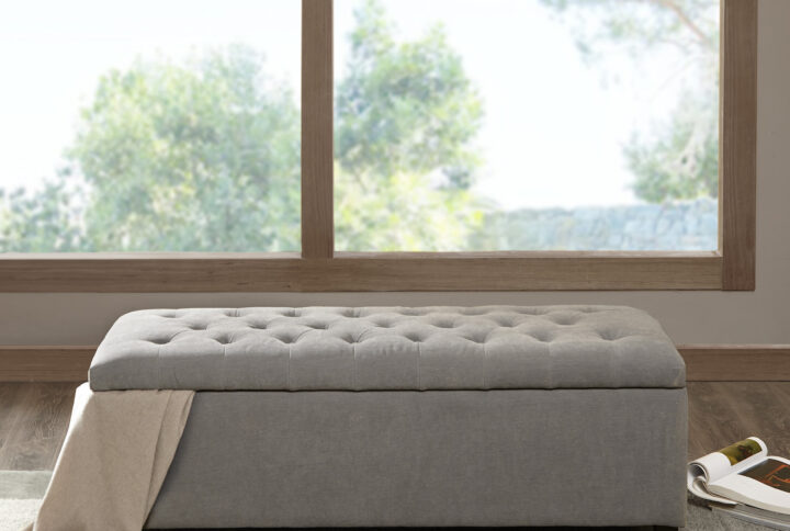 Shandra Tufted Top Soft Close Storage Bench in Grey From Madison Park