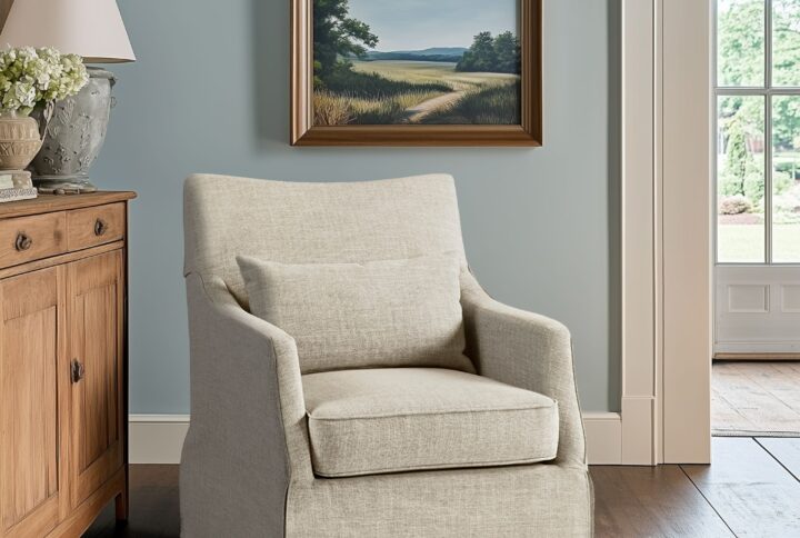 London Skirted Swivel Chair in Beige Multi From Martha Stewart