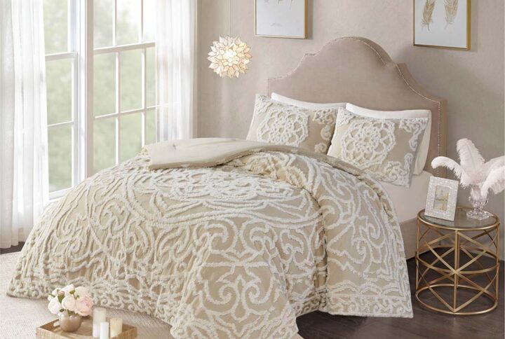 Laetitia Tufted Cotton Chenille Medallion Comforter Set in Taupe From Madison Park