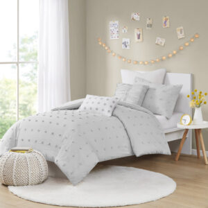 Brooklyn Cotton Jacquard Duvet Cover Set with Euro Shams and Throw Pillows in Grey From Urban Habitat