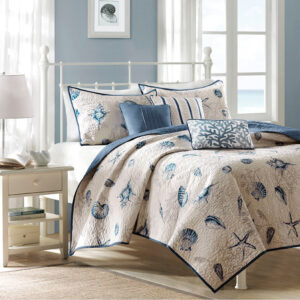 Bayside Brushed Microfiber Quilt Set with Throw Pillows in Blue From Madison Park