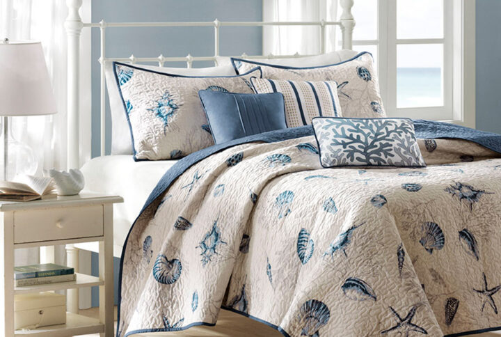 Bayside Brushed Microfiber Quilt Set with Throw Pillows in Blue From Madison Park