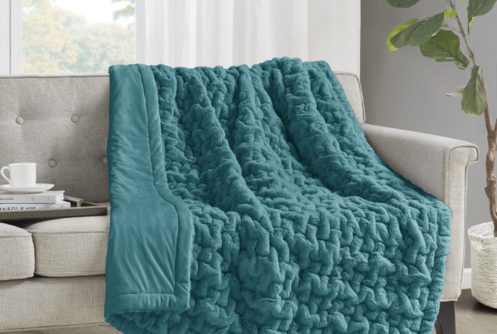 Ruched Fur Throw in Teal From Madison Park