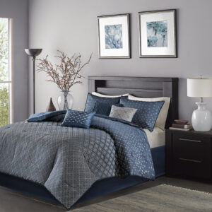 Biloxi 7 Piece Jaquard Comforter Set in Navy From Madison Park