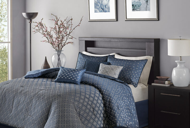 Biloxi 7 Piece Jaquard Comforter Set in Navy From Madison Park