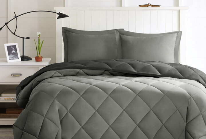 Larkspur 3M Scotchgard Diamond Quilting Reversible Down Alternative Comforter Set in Black/Grey From Madison Park Essentials