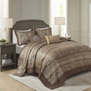 Bellagio 5 Piece Reversible Jacquard Bedspread Set in Brown/Gold From Madison Park