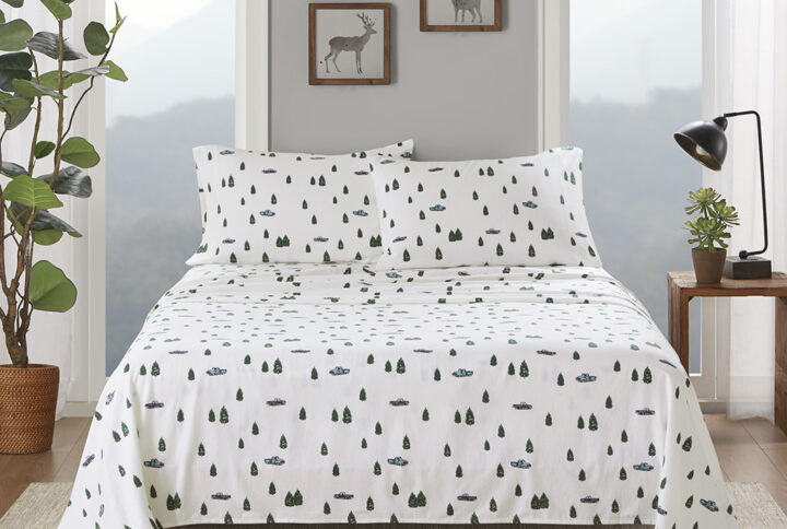 Cotton Flannel Sheet Set in Green Trees & Trucks From Woolrich