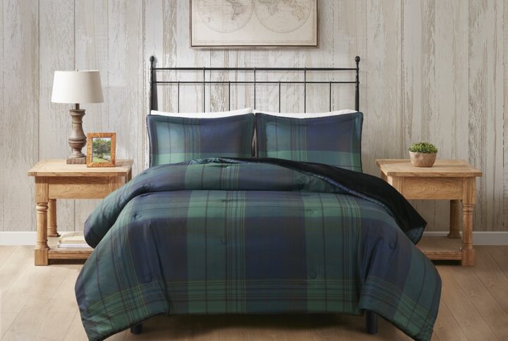 Bernston Faux Wool to Faux Fur Down Alternative Comforter Set in Green Plaid From Woolrich