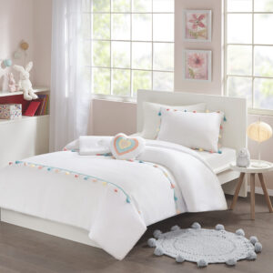 Tessa Tassel Comforter Set with Heart Shaped Throw Pillow in White From Mi Zone Kids