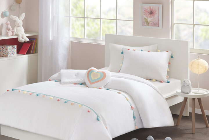 Tessa Tassel Comforter Set with Heart Shaped Throw Pillow in White From Mi Zone Kids