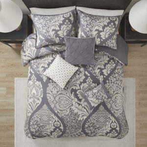 Vienna 6 Piece Printed Duvet Cover Set in Grey From Madison Park