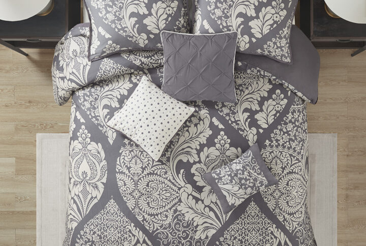 Vienna 6 Piece Printed Duvet Cover Set in Grey From Madison Park