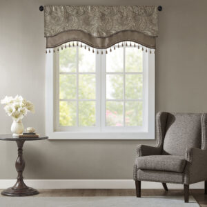 Aubrey Jacquard Window Rod Pocket Valance With Beads in Blue/Brown From Madison Park