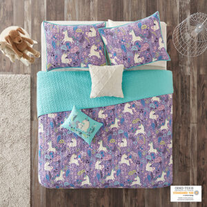 Lola Unicorn Reversible Cotton  Quilt Set with Throw Pillows in Purple From Urban Habitat Kids