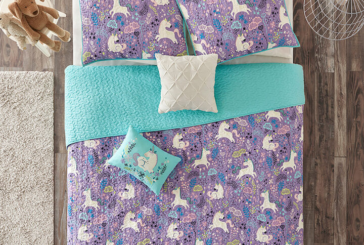 Lola Unicorn Reversible Cotton  Quilt Set with Throw Pillows in Purple From Urban Habitat Kids