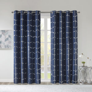 Raina Total Blackout Metallic Print Grommet Top Curtain Panel in Navy/Silver From Intelligent Design