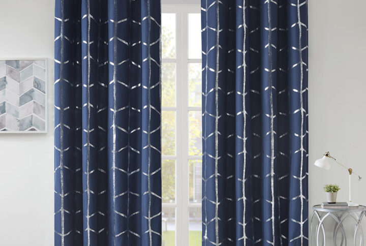 Raina Total Blackout Metallic Print Grommet Top Curtain Panel in Navy/Silver From Intelligent Design