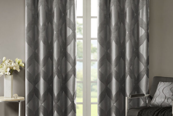 Bentley Ogee Knitted Jacquard Total Blackout Curtain Panel in Charcoal From SunSmart