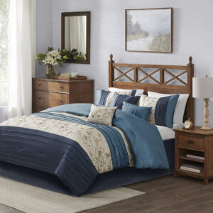 Serene Embroidered 7 Piece Comforter Set in Navy From Madison Park