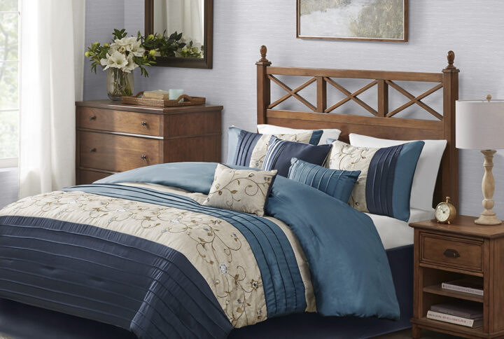 Serene Embroidered 7 Piece Comforter Set in Navy From Madison Park