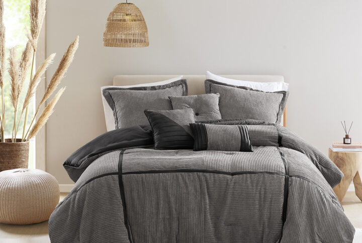 Dallas 7 Piece Micro Corduroy Comforter Set in Grey From Madison Park