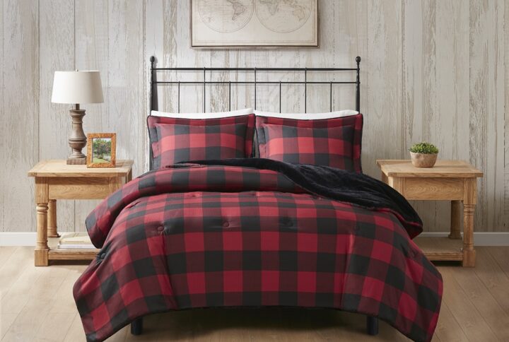 Bernston Faux Wool to Faux Fur Down Alternative Comforter Set in Red Buffalo Check From Woolrich