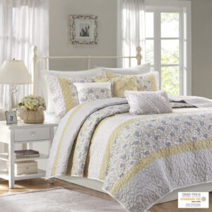 Dawn 6 Piece Cotton Percale Quilt Set with Throw Pillows in Yellow From Madison Park