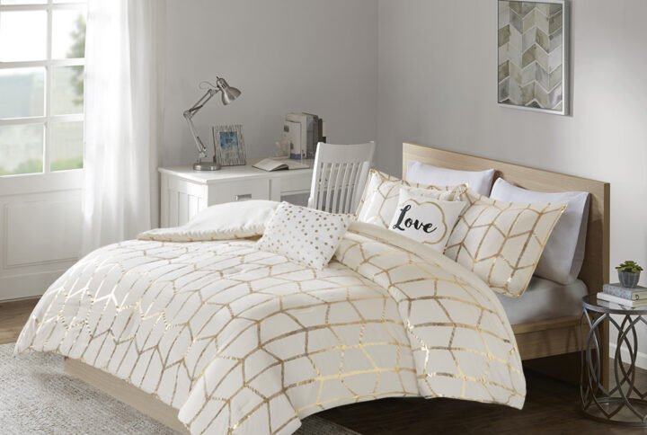 Raina Metallic Printed Comforter Set in Ivory/Gold From Intelligent Design