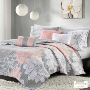 Lola 6 Piece Printed Cotton Quilt Set with Throw Pillows in Grey/Peach From Madison Park