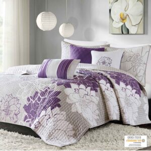 Lola 6 Piece Printed Cotton Quilt Set with Throw Pillows in Taupe Grey/Purple From Madison Park