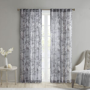 Simone Printed Floral Rod Pocket and Back Tab Voile Sheer Curtain in Grey From Madison Park