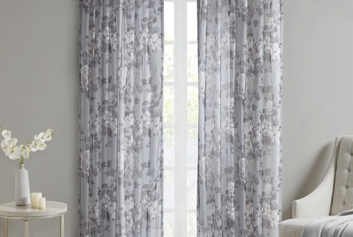 Simone Printed Floral Rod Pocket and Back Tab Voile Sheer Curtain in Grey From Madison Park