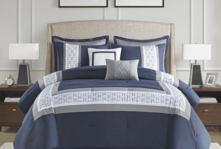 Powell 8 Piece Embroidered Comforter Set in Navy From 510 Design