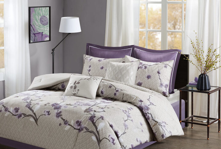 Holly 8 Piece Cotton Comforter Set in Purple/Taupe From Madison Park