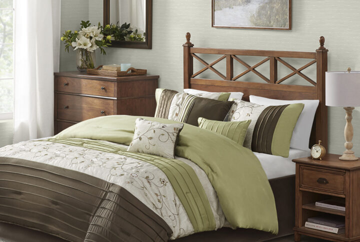 Serene Embroidered 7 Piece Comforter Set in Green From Madison Park