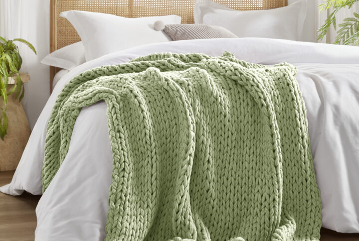 Chunky Double Knit Hand Made Chunky Double Knit Throw Blanket in Sage Green From Madison Park